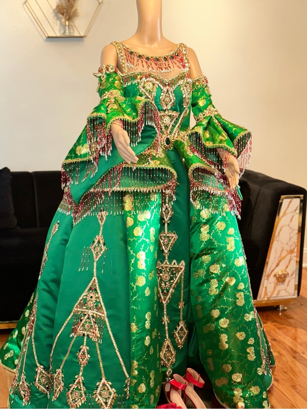 Handcrafted Green, Red & Gold Bridal Dress